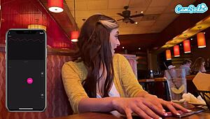 Cumming hard in public with my interactive toy during lunch for a huge wet orgasm