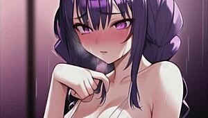 Wet anime girls suck and kiss in rain