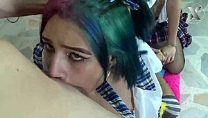 jazmin kneels for rough throat fucking with friends