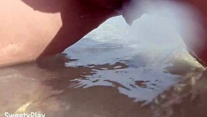 Curvy wife shaves smooth before peeing openly on a public beach