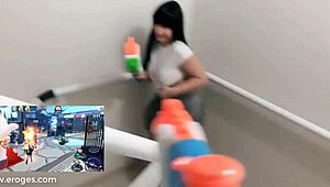 Sexy latina gamer gets wet playing eroges game. Boobs in the city with micro bikini masturbation.