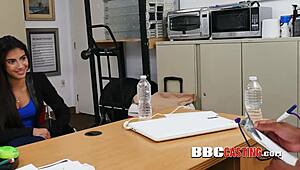 Interracial hardcore slams with ebony boss dominating in uniform at shop. Teen can't resist.