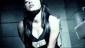 Eurobabe enjoys solo fingering with toys in bathroom