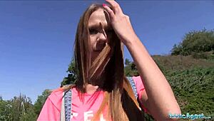 long haired babe gets banged outside by public agent for cash. real pov action!