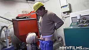 blonde milf in heels gets her throat inspected by big cock