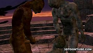 3d cartoon zombie babe gets blowjob and double teamed outdoors in hardcore hentai fantasy.