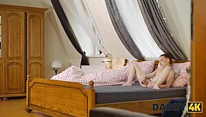 Daddy4k hero seduces teen with shaved pussy for sex