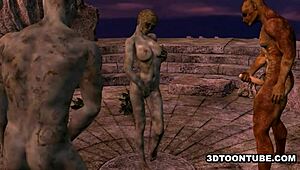 3d cartoon zombie babe gets blowjob and double teamed outdoors in hardcore hentai fantasy.