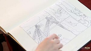 flipping through sketchbook, redhead spots lesbian art. blonde dives in for a kiss on those small tits.