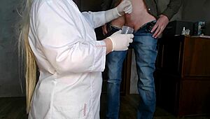 kneeling milf nurse takes cum analysis in tight latex gloves