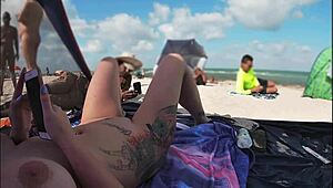 exhibitionist wife mrs kiss shows nude beach voyeur jerking off