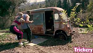 Kali Roses tricked into fucking during Birdbox challenge with outdoor cowgirl riding on big cock