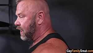 Gay stepdad and stepson work out then fuck