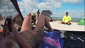 exhibitionist wife mrs kiss shows nude beach voyeur jerking off