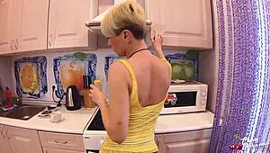 Hot housewife blowing, ass-fucking, swallowing cum with coffee in kitchen! ☕