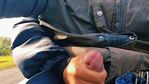 hotwife jerks off on the road until cum, almost caught