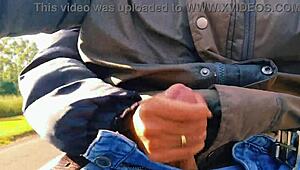 hotwife jerks off on the road until cum, almost caught