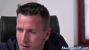 Classy babe gets double penetrated hard at office desk