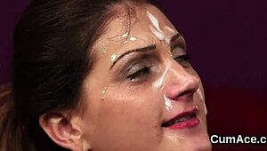 peculiar hottie takes jizz load on face during blowbang