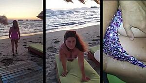 A stranger fingers a milf on the public beach before disco