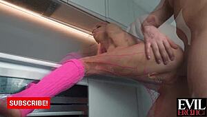 Evil erotic teen with pink hair and butt plug takes rough anal pounding