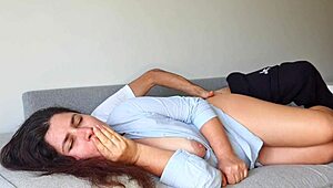 Stepson boldly drills hot stepmom’s wet pussy on the living room couch.