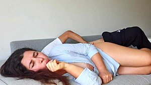 Stepson boldly drills hot stepmom’s wet pussy on the living room couch.
