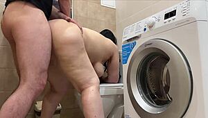 He catches stepmom in toilet and drills her tight anal hard