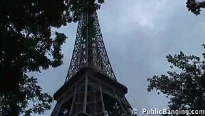 Extreme public threesome orgy under the Eiffel Tower in Paris with risky fucking.