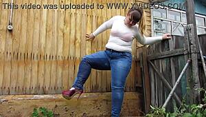 Fat Milf Pisses Outdoors in Wet Jeans for Fetish Fun