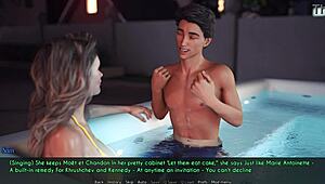 Wife and stepmother engage in cheating kisses in 3D hentai hotel scene.