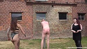 Friendly competition turns wild with Mistress Rebekka Raynor and Nikky French delivering painful whipping strokes.