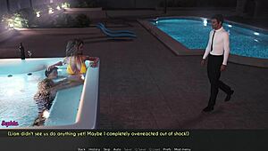 Wife and stepmother engage in cheating kisses in 3D hentai hotel scene.