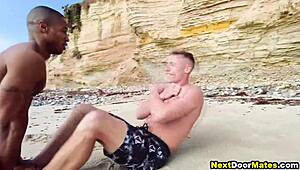 Muscular gay jocks work out on the beach and then fuck hard.