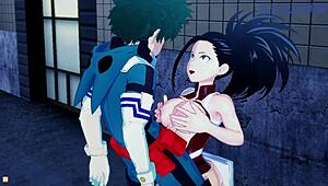 i watch mina ashido and momo yaoyorozu have intense sex with izuku midoriya in hentai