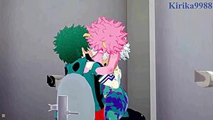 i watch mina ashido and momo yaoyorozu have intense sex with izuku midoriya in hentai
