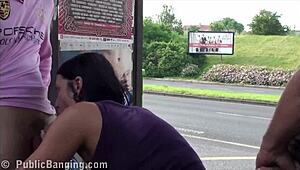 uhh, daring bus stop threesome sex in public, so crazyy