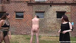 Friendly competition turns wild with Mistress Rebekka Raynor and Nikky French delivering painful whipping strokes.