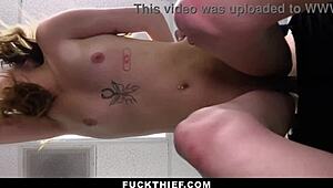 Teen caught shoplifting on birthday, fucked hard to avoid trouble at FuckThief