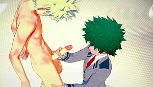 My Hero Academia Yaoi - Midoriya Handjob and Bakugou Fucking in Bathroom Scene