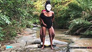 ebony babe outdoor adventure with ripped clothes