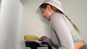 The foreman roughly bent over the blonde student painter on a stepladder, tearing her jeans for cum in mouth and ass to mouth action