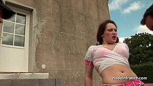 redhead student gets slammed hard in outdoor anal threeway action.