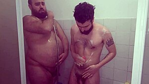 couple fucks bareback in the shower with monster cock. young ass pounded hard