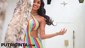 Look at Putri Cinta stripping colorful dress to show tight asshole!