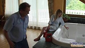 Fat plumber pounds skinny blonde teen and unloads in her mouth.