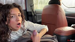 damn, risky public sex in the car with huge cum on face!