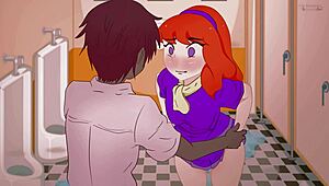 Red-haired Daphne strips in toilet for stranger, Scooby-Doo hentai