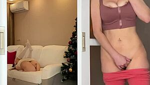 Stepmom and stepdaughter cum together watching each other on new year's eve