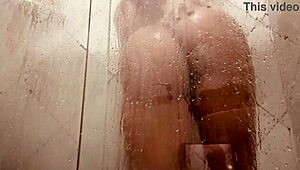 milf films herself cleaning hairy pussy in steamy bathroom
